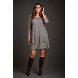 Life is Chic Lace Dress Blue Gray Layered 3/4 Sleeves Round Neckline Size M